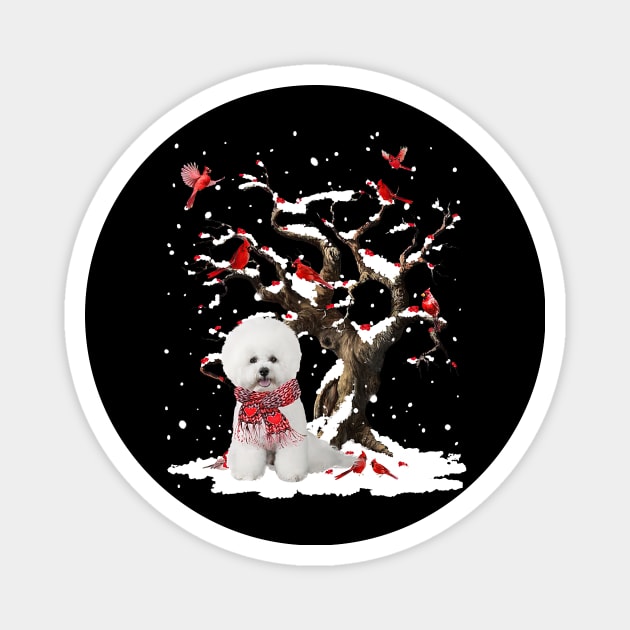 White Bichon Frise Scarf Cardinal Snow Christmas Magnet by cogemma.art